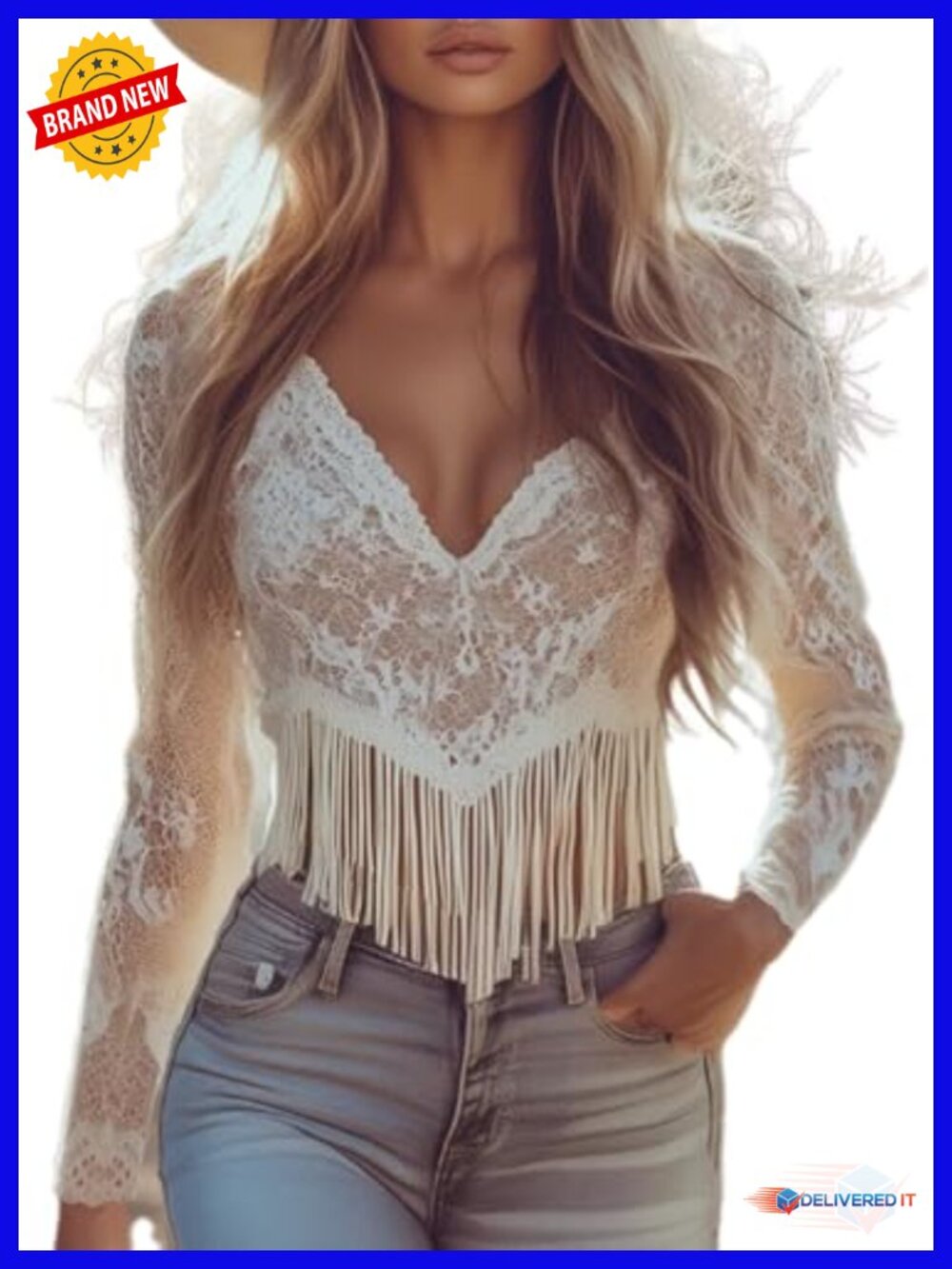 Women's Lace Fringe Sheer Western Going Out Top Long Sleeve